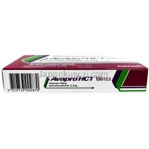 アバプロ HCT, イベルサルタン150 mg/ ヒドロクロロチアジド 12.5 mg, 製造元：ブリストル・マイヤーズ スクイブ, 箱底面