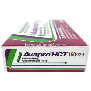 アバプロ HCT, イベルサルタン150 mg/ ヒドロクロロチアジド 12.5 mg, 製造元：ブリストル・マイヤーズ スクイブ, 箱側面-2