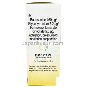 ビレーズトリ エアロスフィア, グリコピロニウム 7.2 mcg/ ホルモテロール 5 mcg/ ブデソニド 160 mcg, 120 吸入 インヘラー, 製造元：アストラゼネカ, 箱情報, 成分