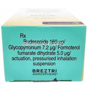 ビレーズトリ エアロスフィア, グリコピロニウム 7.2 mcg/ ホルモテロール 5 mcg/ ブデソニド 160 mcg, 120 吸入 インヘラー, 製造元：アストラゼネカ, 箱底面