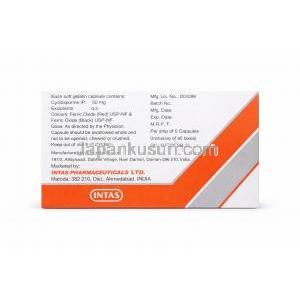 グラフォタス 50, シクロスポリン カプセル 50 mg (Intas) 箱裏面