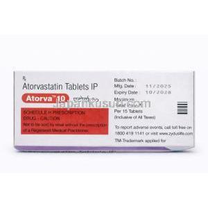 Atorva 10, Atorvastatin Tablets 10 mg, Box side view details
