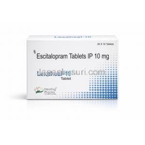 レクサヒール-10, エスシタロプラム 10 mg, 製造元：Healing Pharma India Pvt Ltd, 箱表面