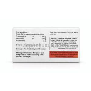 ミノキシヘッド D, デュタステリド 0.5 mg/ ミノキシジル 5 mg,清掃元：Asher Pharmaceuticals, 箱情報, 成分, 注意事項