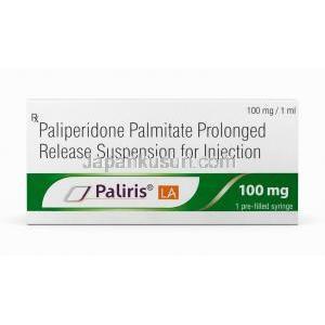 パリリス LA  注射, パリペリドン 100 mg, プレフィルドシリンジ 1 mL,製造元：Sun Pharma, 箱表面