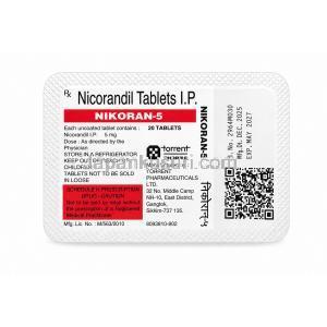 ニコラン 5, ニコランジル 5 mg, 20錠,製造元：Torrent Pharmaceuticals Ltd,ボトル包装裏面