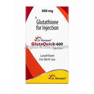 グルタクイック注射, グルタチオン 600 mg, 製造元：Dr. Morepen Limited, 凍結乾燥注射, 箱表面