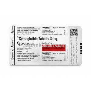 セマリックス 3, セマグルチド 3mg, 製造元：Torrent Pharmaceuticals Ltd, シート情報