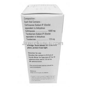 Troyzone TZ Injection,Ceftriaxone 1000 mg / Tazobactum 125 mg,Injection, Troikaa Pharmaceuticals Ltd, Box side view